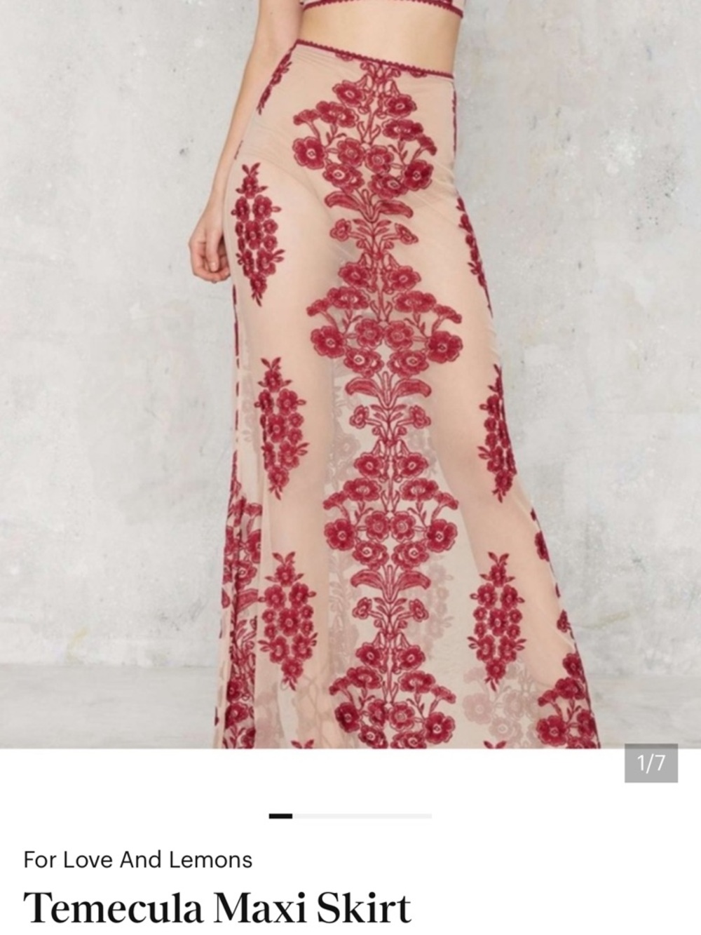 For Love And Lemons Temecula Nude Maxi Skirt with Red Floral Embroidery